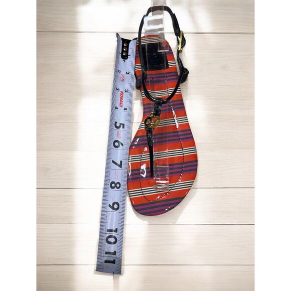 Tory Burch Emmy Patent Calf T-Strap Stripe Sandal Size 7M - Picture 7 of 11